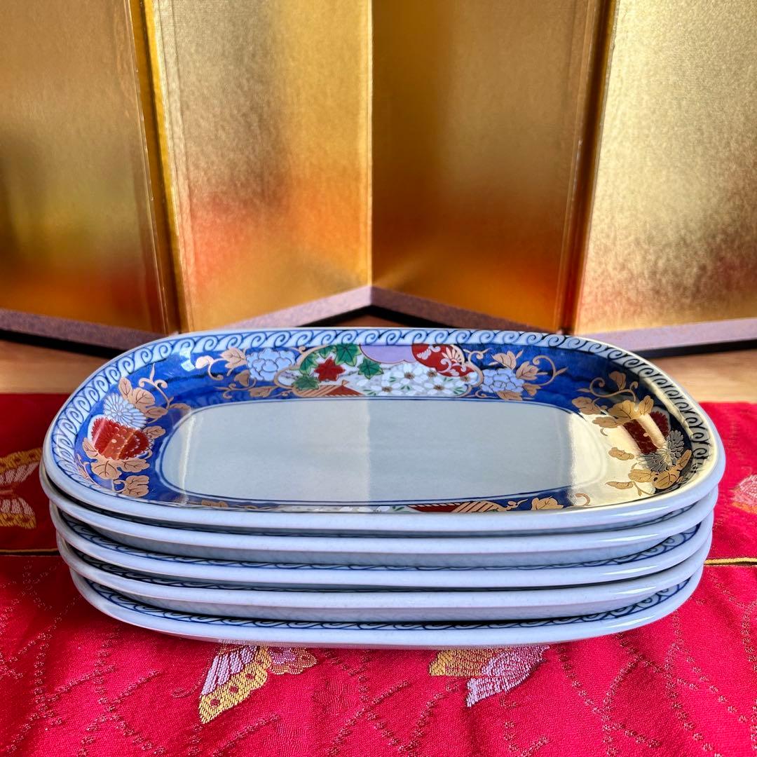 【未使用品】有田焼　清秀窯　金彩古伊万里　濃木甲　多用皿揃　楕円皿5客 元箱入り