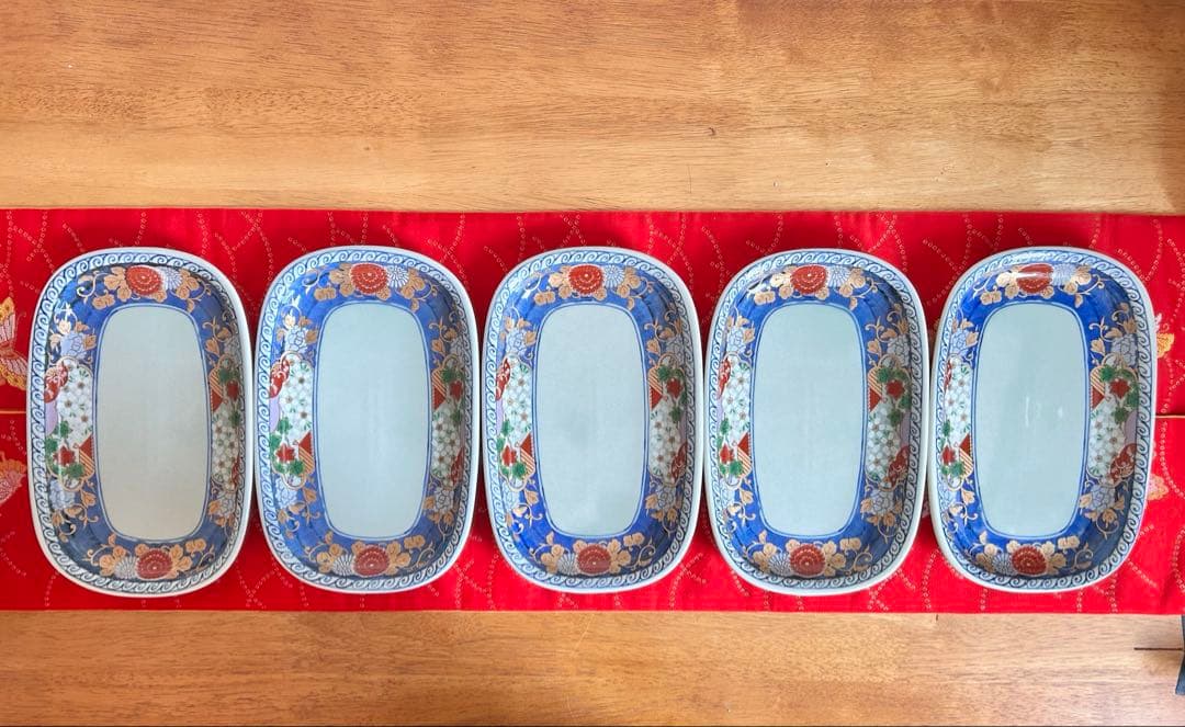 【未使用品】有田焼　清秀窯　金彩古伊万里　濃木甲　多用皿揃　楕円皿5客 元箱入り