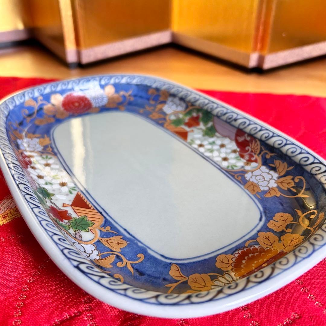 【未使用品】有田焼　清秀窯　金彩古伊万里　濃木甲　多用皿揃　楕円皿5客 元箱入り