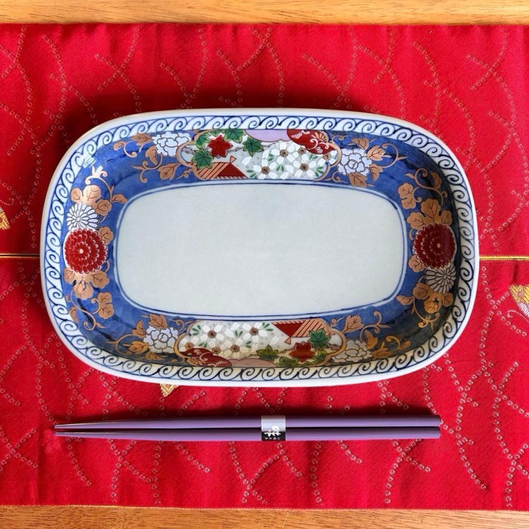 【未使用品】有田焼　清秀窯　金彩古伊万里　濃木甲　多用皿揃　楕円皿5客 元箱入り