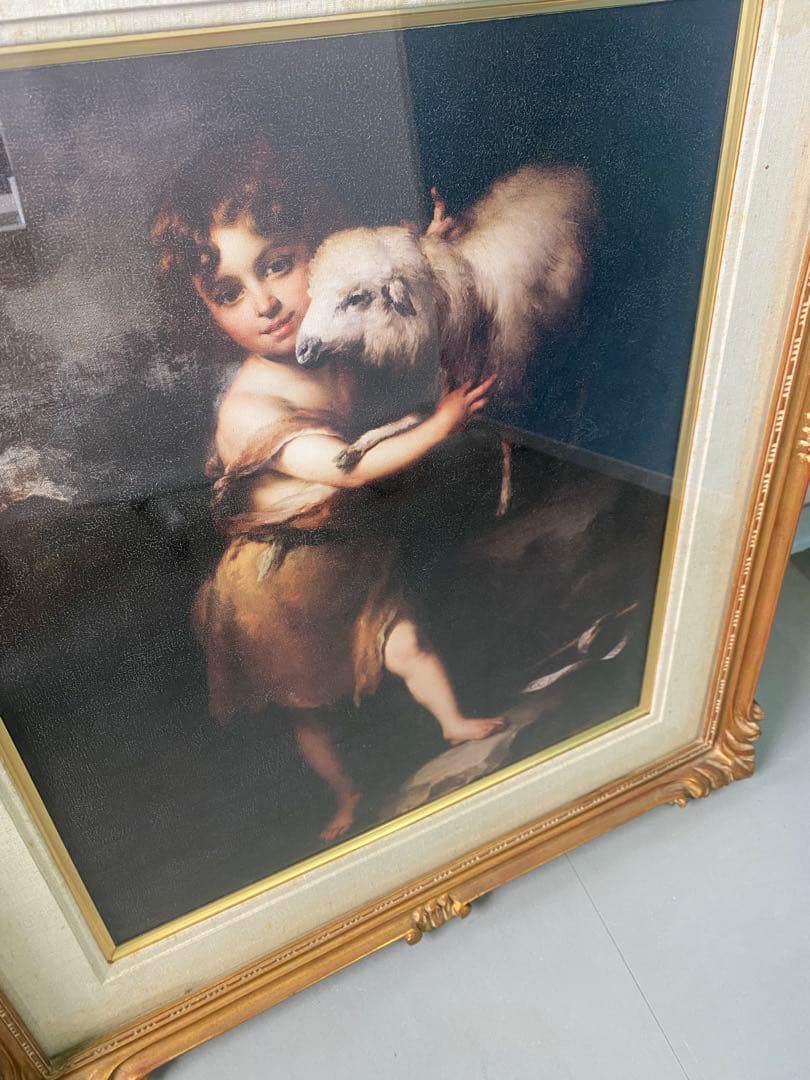 絵画　油絵　ムリーリョ　　幼い洗礼者聖ヨハネと子羊　美術品　額縁 名画/K-0