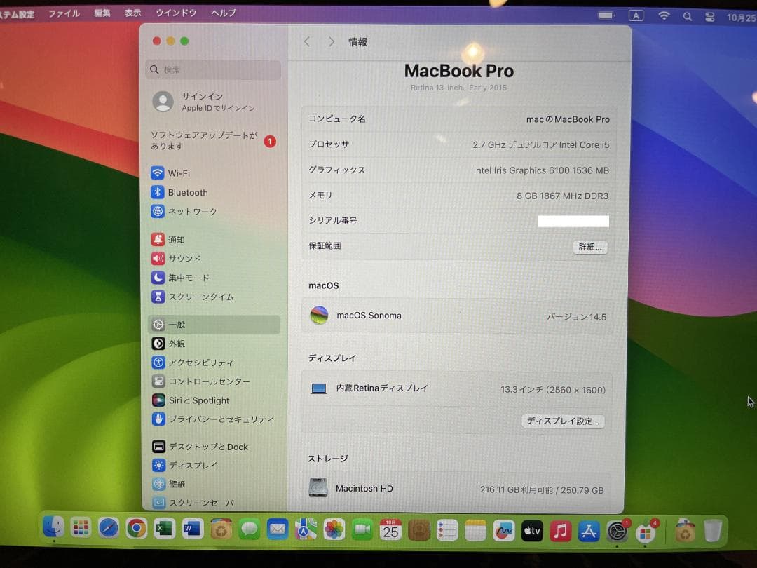 MacBook Pro 13\"　2015　i5　8GB　251GB　まずまず美品