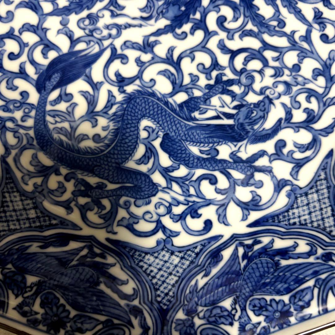 瀬戸　赤津焼　染付 鳳凰 龍 唐草紋　九角　飾り皿 絵皿　大皿　銘あり