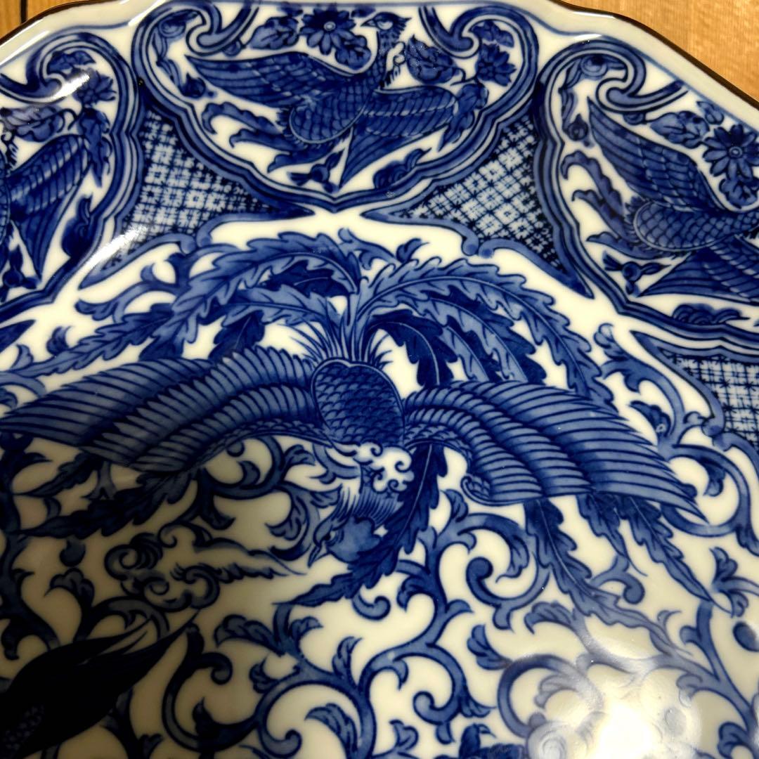 瀬戸　赤津焼　染付 鳳凰 龍 唐草紋　九角　飾り皿 絵皿　大皿　銘あり