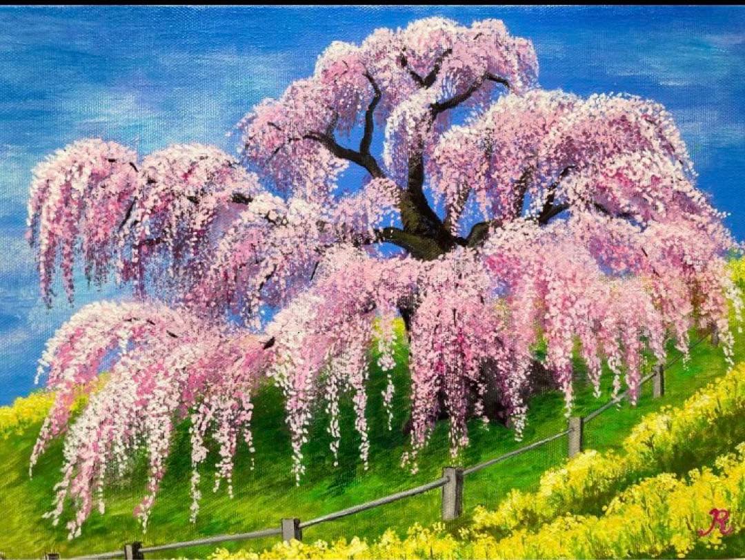 ご依頼品　花の絵　風景画　アクリル画　原画 「花桃のトンネル」F6「三春の滝桜」