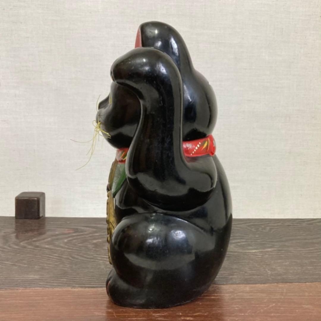 古い招き猫 貯金箱 置物 黒猫 左手 縁起物 福 和風 陶器 レトロ