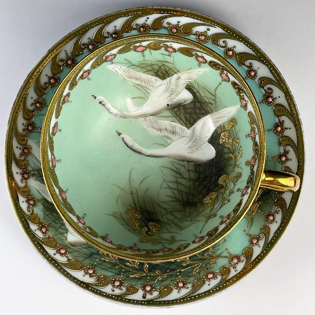 オールドノリタケ フライングスワン ジュエル 脚付きティーカップ ソーサー