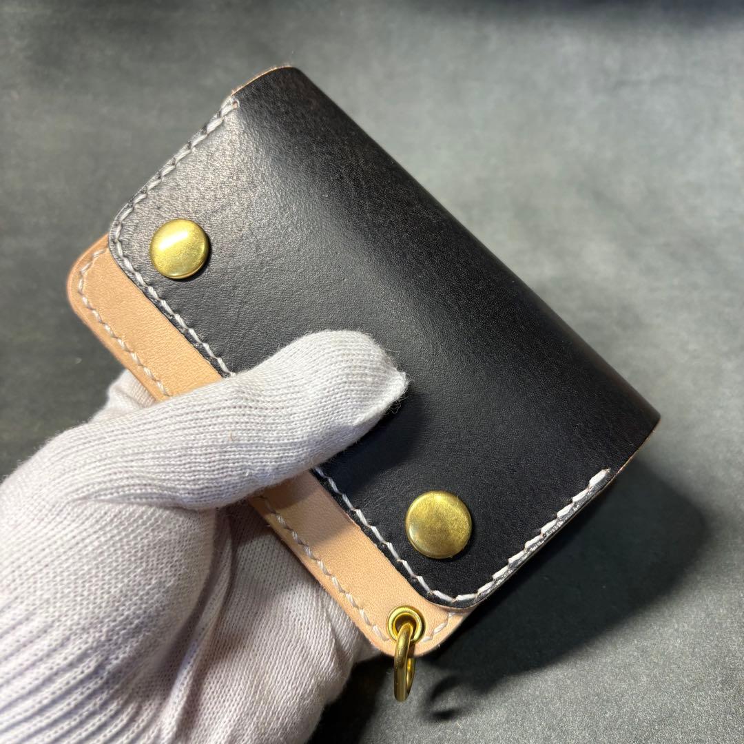 【姫路レザー】ショートトラッカーウォレット　コンパクトウォレット　黒 ナチュラル
