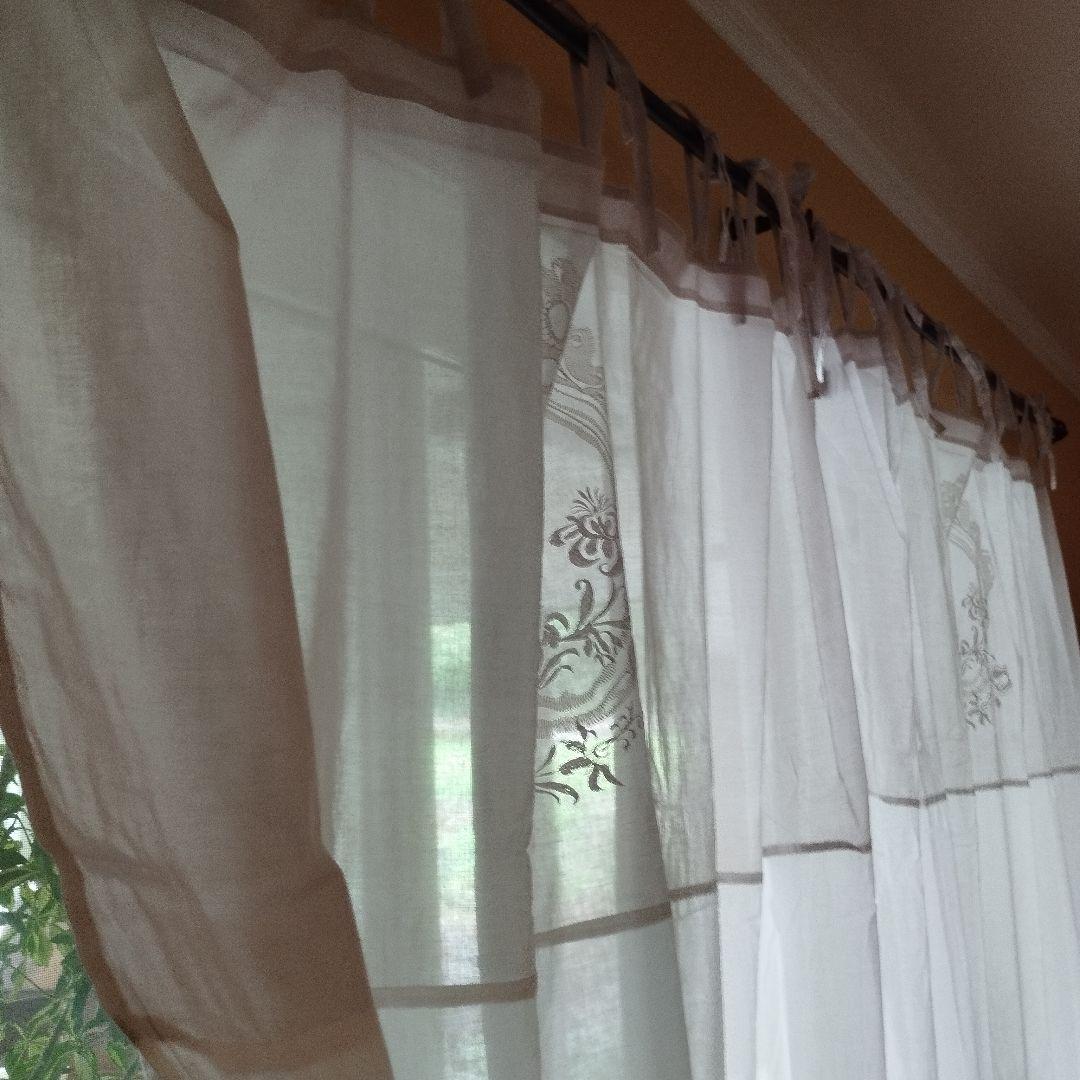 フレンチシック　ふんわりコットン　グレー×白　紐結カーテン　ペアカーテン　2枚
