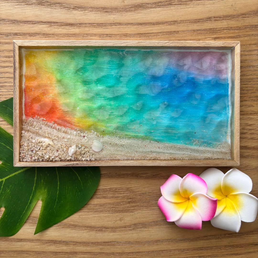 ★【試作品】レジン　海アート　波紋　砂紋　木製トレー小　No.1150