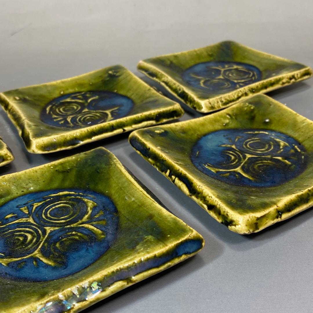 谷口祥八造 吉祥窯 織部銘々皿 5客 小皿 角皿 共箱 未使用保管品