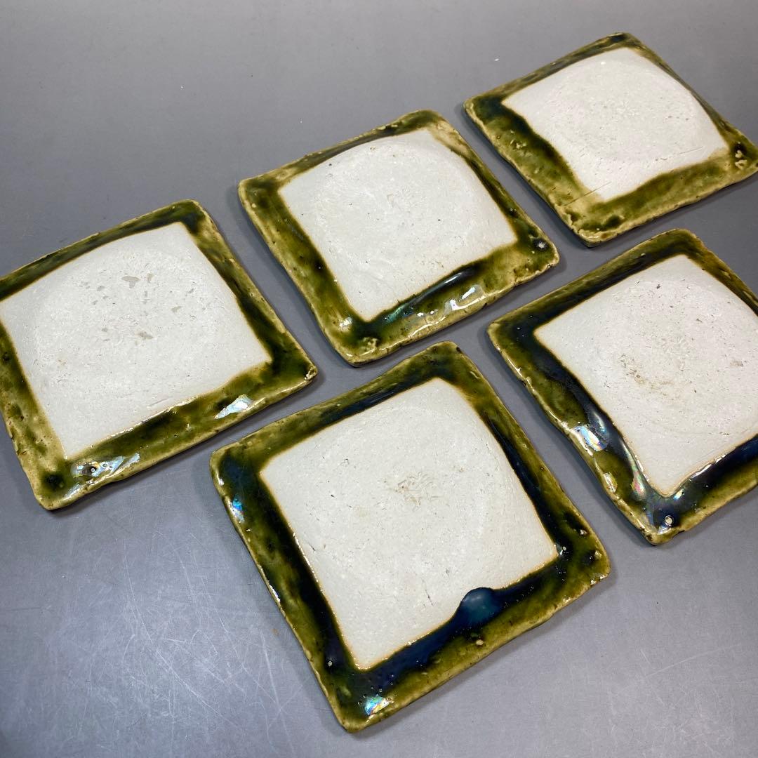 谷口祥八造 吉祥窯 織部銘々皿 5客 小皿 角皿 共箱 未使用保管品