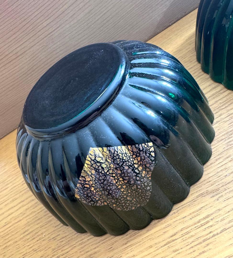 長崎ガラス　亀井ガラス　グリーン　菊形小鉢　未使用品　五客組　共箱