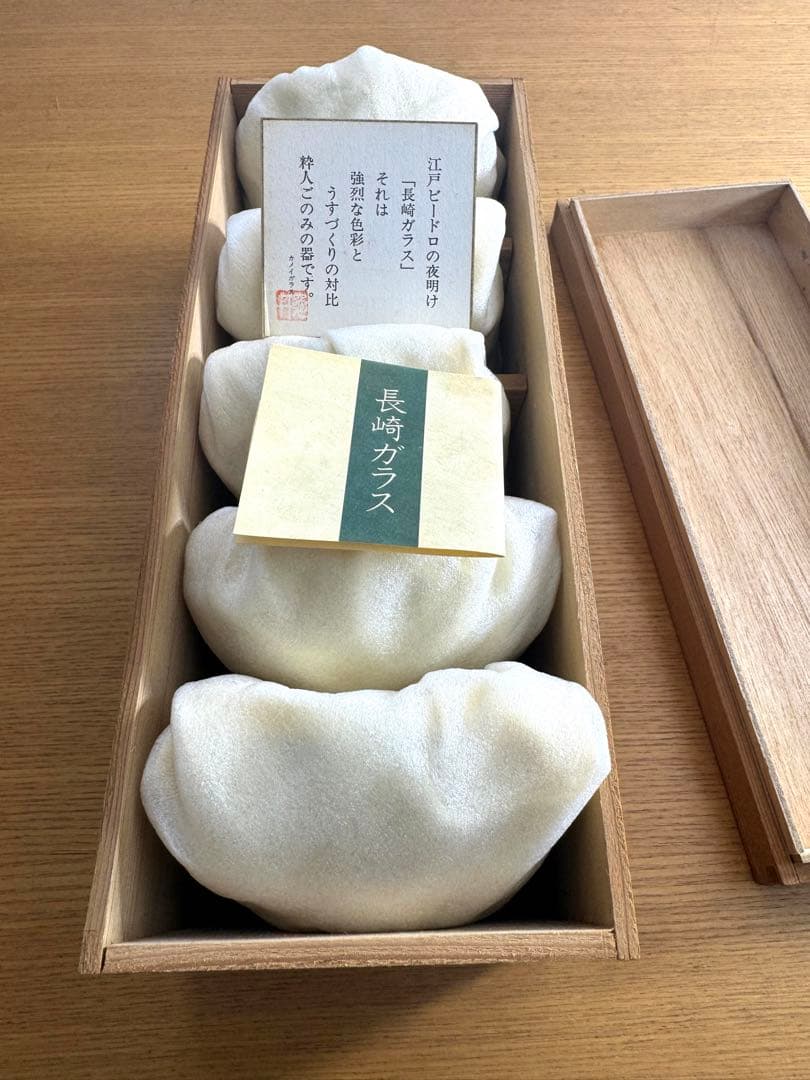 長崎ガラス　亀井ガラス　グリーン　菊形小鉢　未使用品　五客組　共箱
