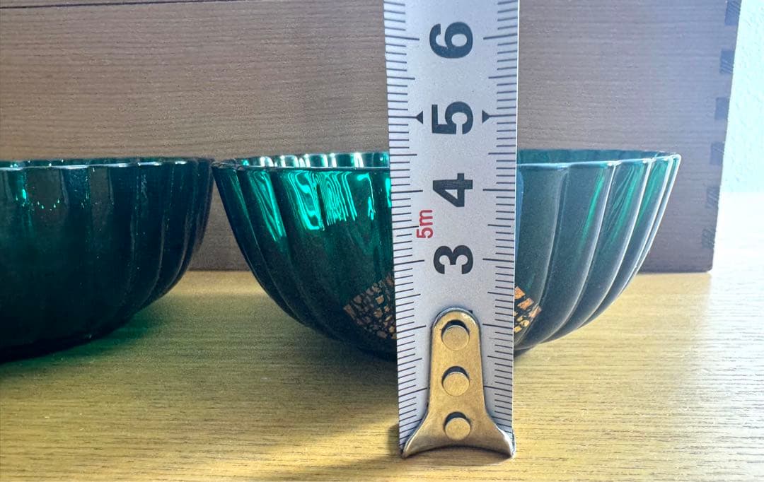 長崎ガラス　亀井ガラス　グリーン　菊形小鉢　未使用品　五客組　共箱