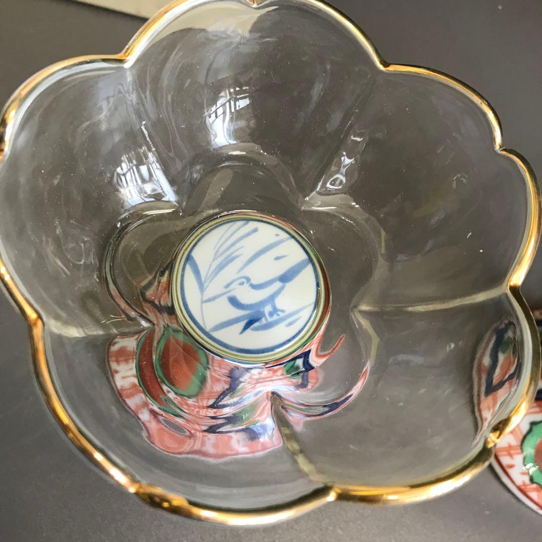 三洋陶器　龍峰窯　つみき　赤絵花鳥　ガラスデザート鉢揃　高台小鉢　輪花鉢　和食器