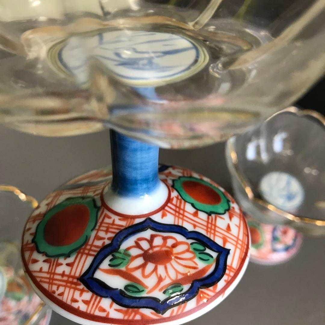 三洋陶器　龍峰窯　つみき　赤絵花鳥　ガラスデザート鉢揃　高台小鉢　輪花鉢　和食器