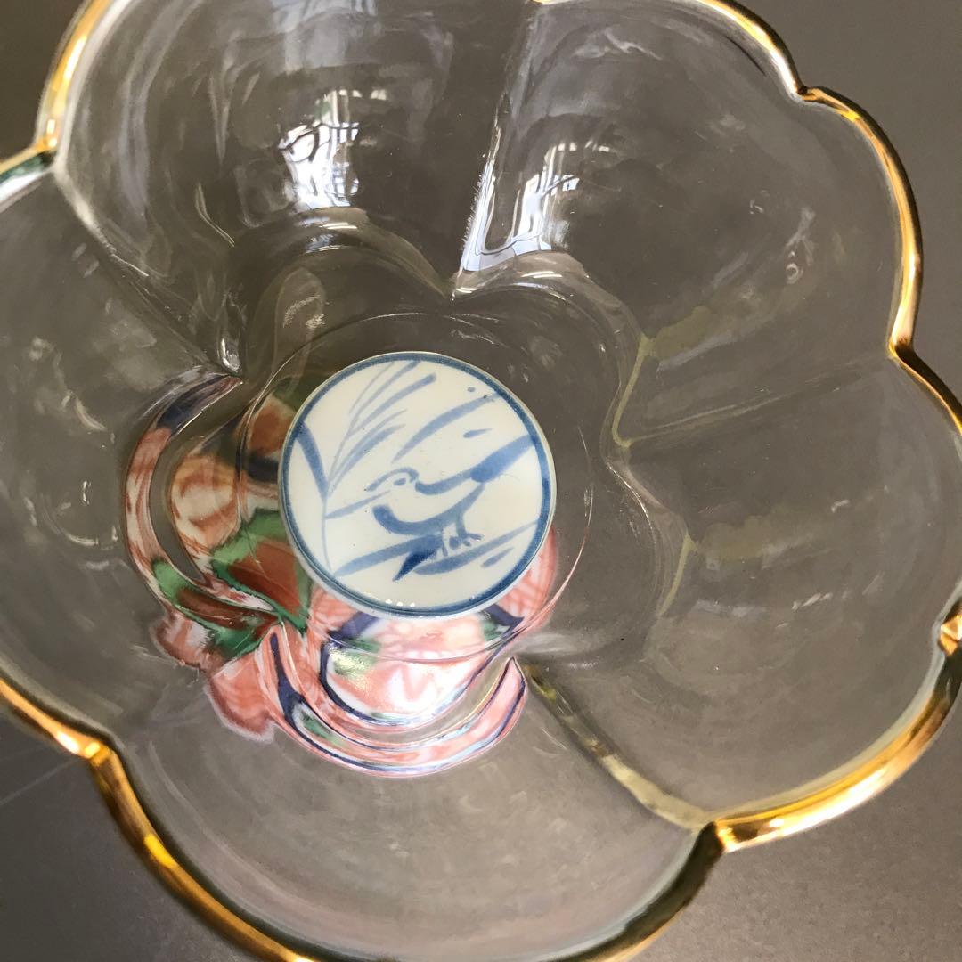 三洋陶器　龍峰窯　つみき　赤絵花鳥　ガラスデザート鉢揃　高台小鉢　輪花鉢　和食器