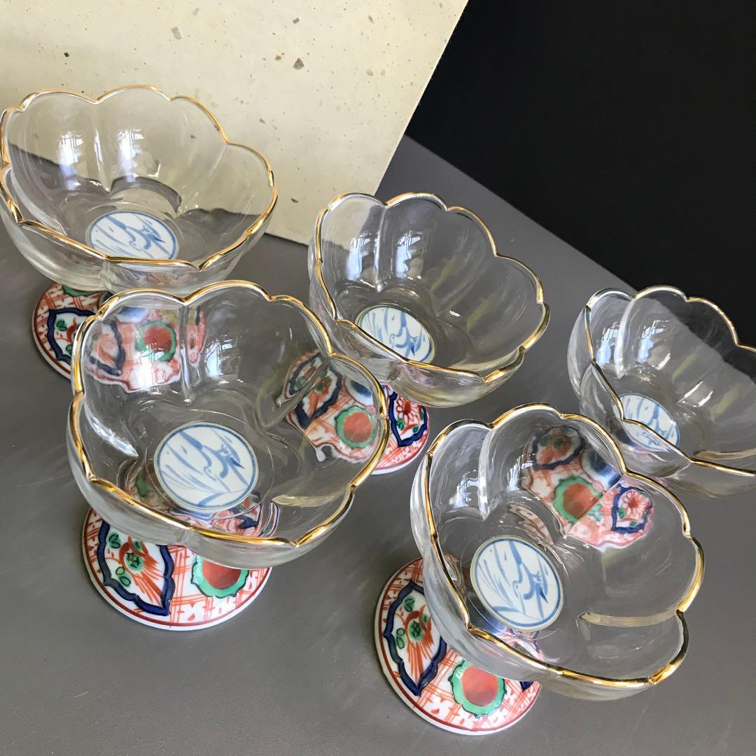 三洋陶器　龍峰窯　つみき　赤絵花鳥　ガラスデザート鉢揃　高台小鉢　輪花鉢　和食器