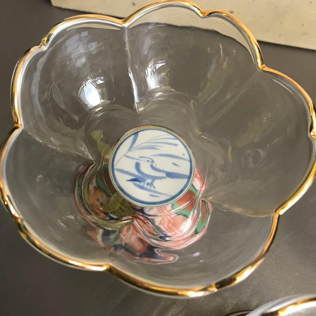 三洋陶器　龍峰窯　つみき　赤絵花鳥　ガラスデザート鉢揃　高台小鉢　輪花鉢　和食器