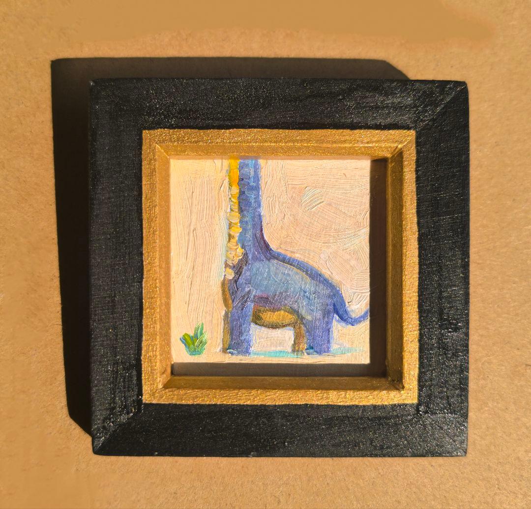「おしゃれなブラキオサウルス」２点セット　油絵具　ミニ絵画　原画　手描き　恐竜
