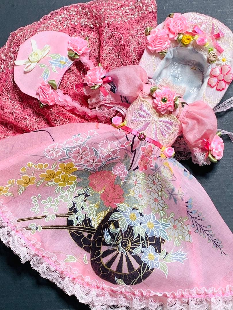 赤桜　　りかちゃんジェニー服　和柄(花ぐるま)＋すずらん柄ロリータ