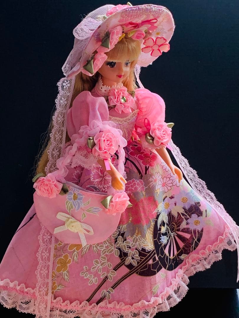 赤桜　　りかちゃんジェニー服　和柄(花ぐるま)＋すずらん柄ロリータ