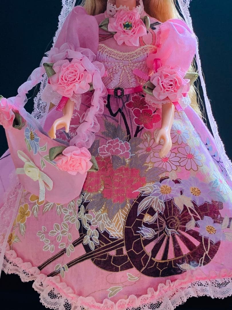 赤桜　　りかちゃんジェニー服　和柄(花ぐるま)＋すずらん柄ロリータ