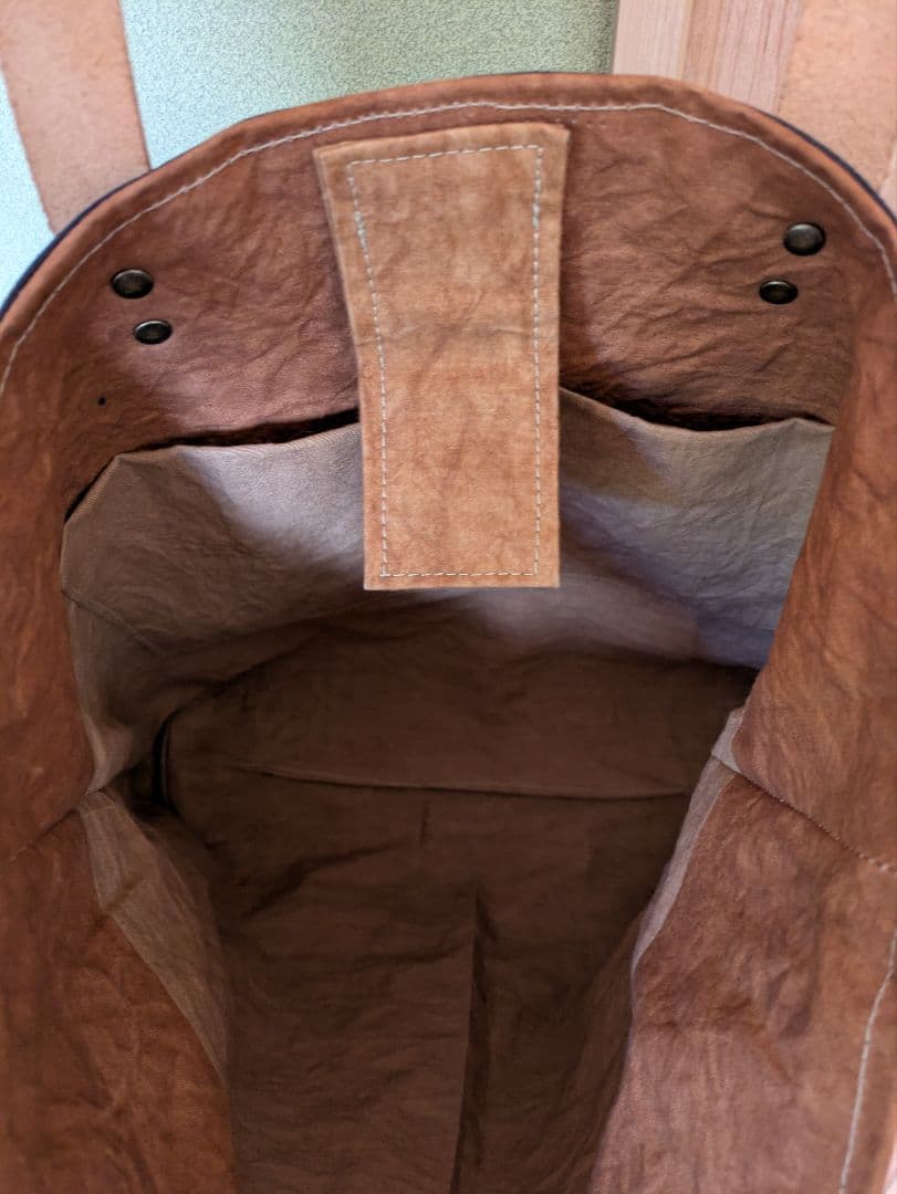 前掛け（柿渋染め）、ヌメ革持ち手、大きめトートバッグ