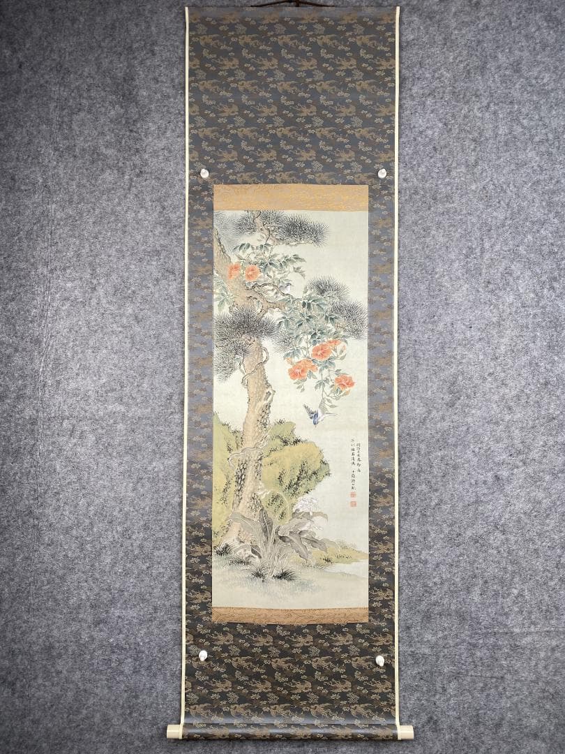 野口小頻【複製】 老松凌霄花図 絹本 女流南画家の双璧 掛軸23100307