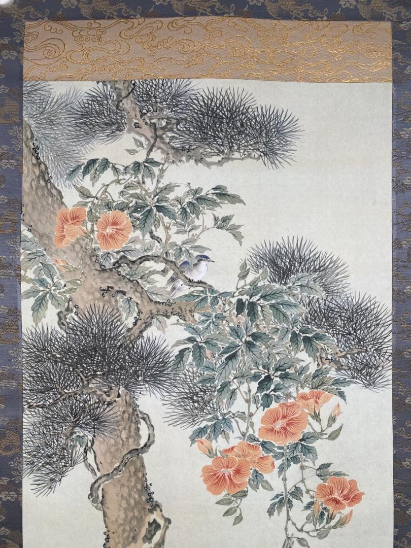 野口小頻【複製】 老松凌霄花図 絹本 女流南画家の双璧 掛軸23100307