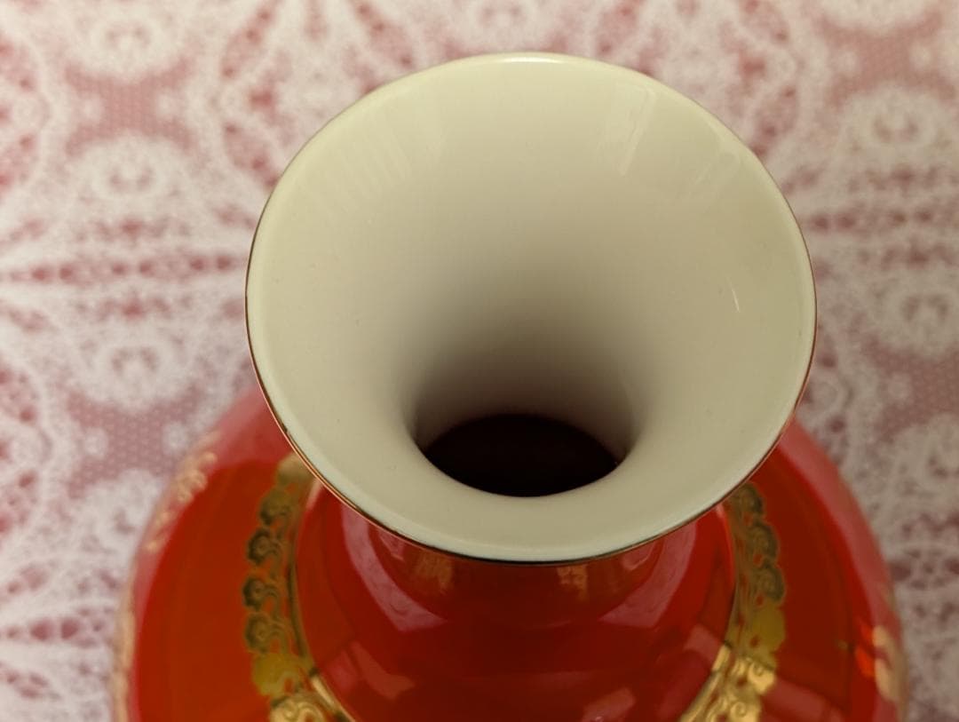 現代中国美術　工藝品　飾り壺　花瓶　レッド　台/箱付