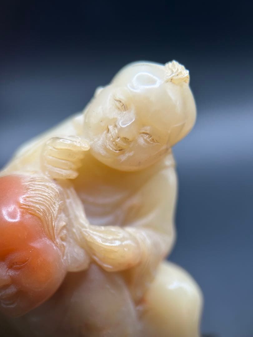 天然石 寿山石彫刻「和合二仙」置物 316g 縁起物