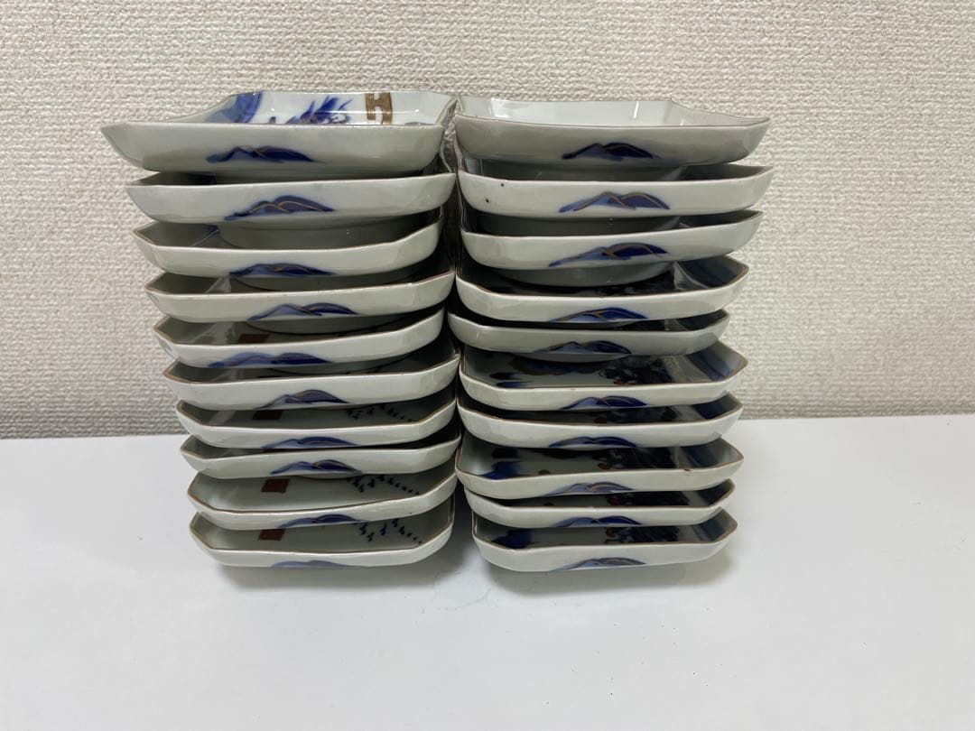 【現状品】古伊万里 染付 金彩 山水 金彩 角皿 アンティーク 時代物 20枚
