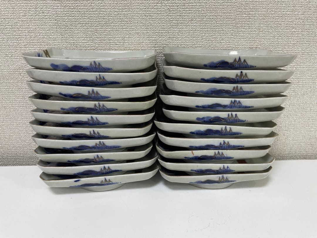 【現状品】古伊万里 染付 金彩 山水 金彩 角皿 アンティーク 時代物 20枚