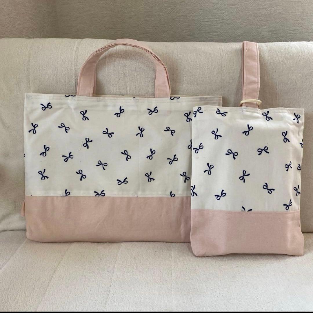 レッスンバック　女の子　フリル　上履き入れ　体操服袋　巾着　セット　リボン柄