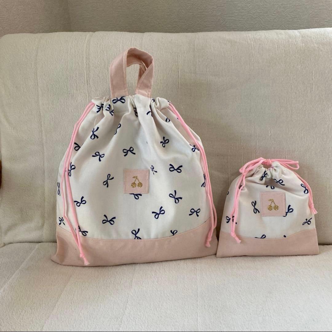 レッスンバック　女の子　フリル　上履き入れ　体操服袋　巾着　セット　リボン柄