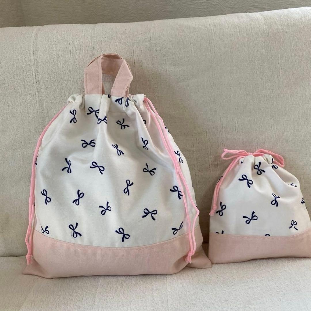 レッスンバック　女の子　フリル　上履き入れ　体操服袋　巾着　セット　リボン柄