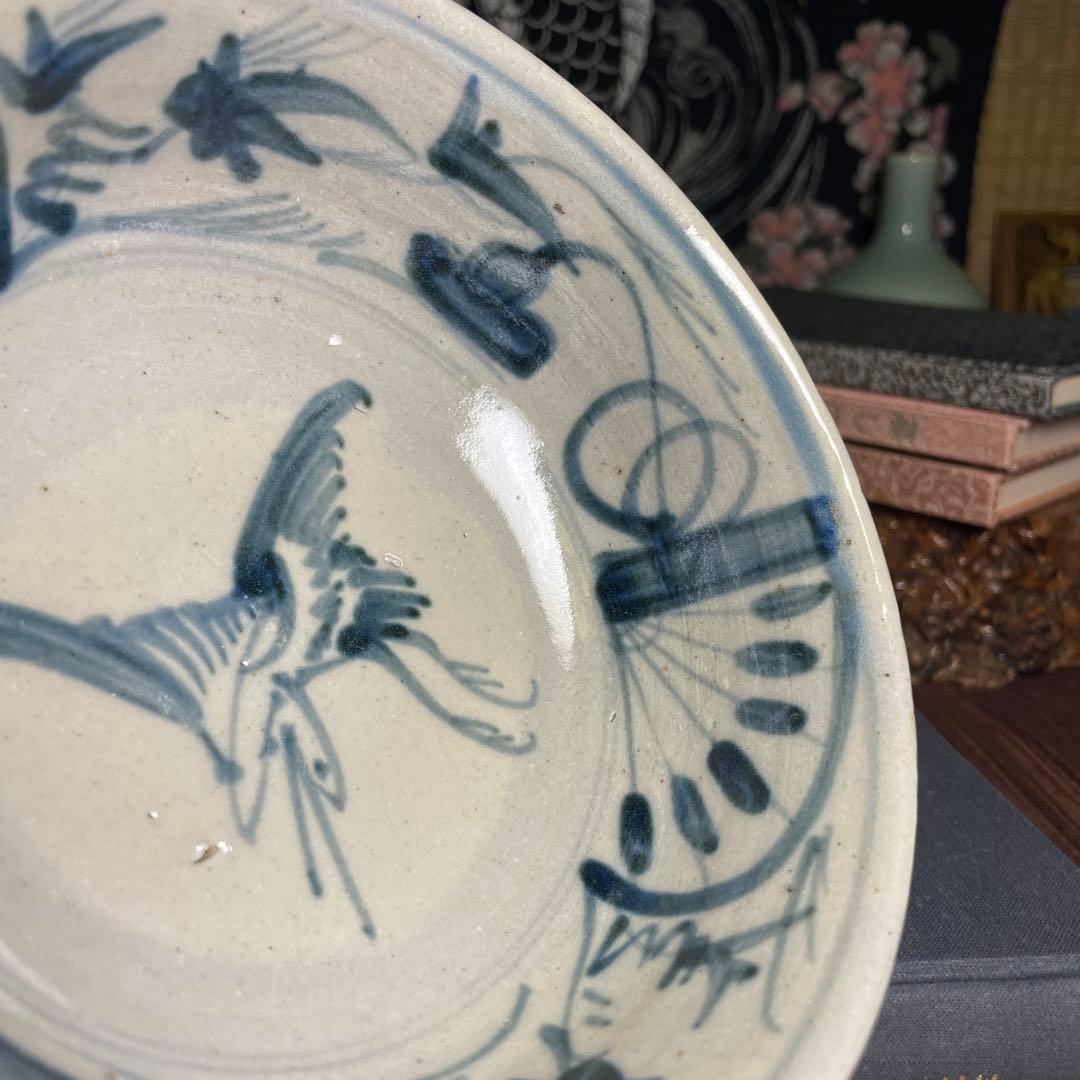 鉢 古伊万里 ？中国明時代？鶴図 染付 古陶磁 小鉢 取り皿 骨董 生活骨董