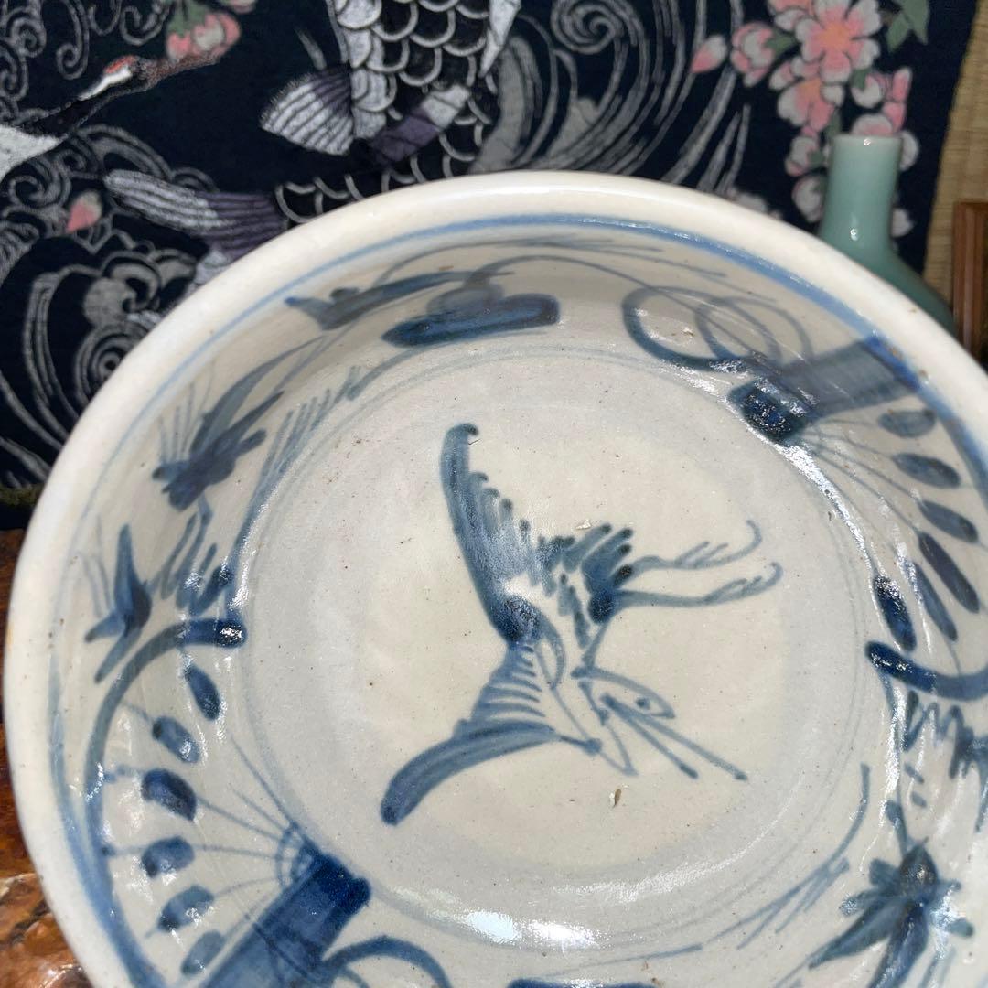鉢 古伊万里 ？中国明時代？鶴図 染付 古陶磁 小鉢 取り皿 骨董 生活骨董