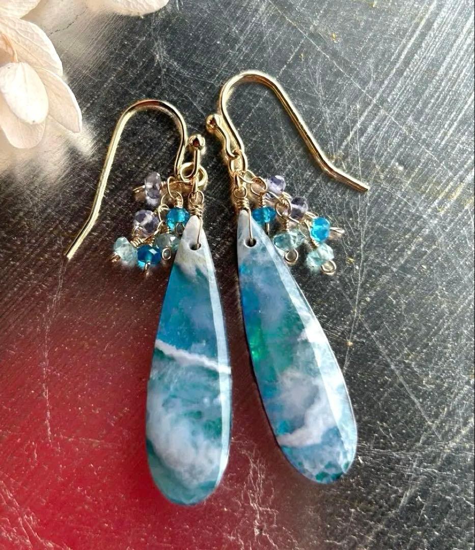 オーロラプルームアゲートskyダブレット＆Highネオンカラーアパタイトのピアス