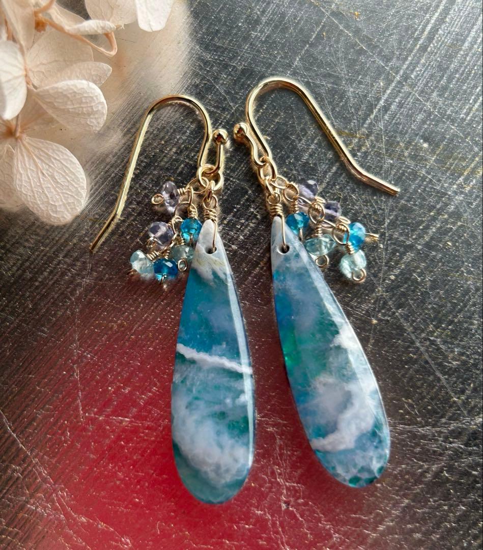 オーロラプルームアゲートskyダブレット＆Highネオンカラーアパタイトのピアス