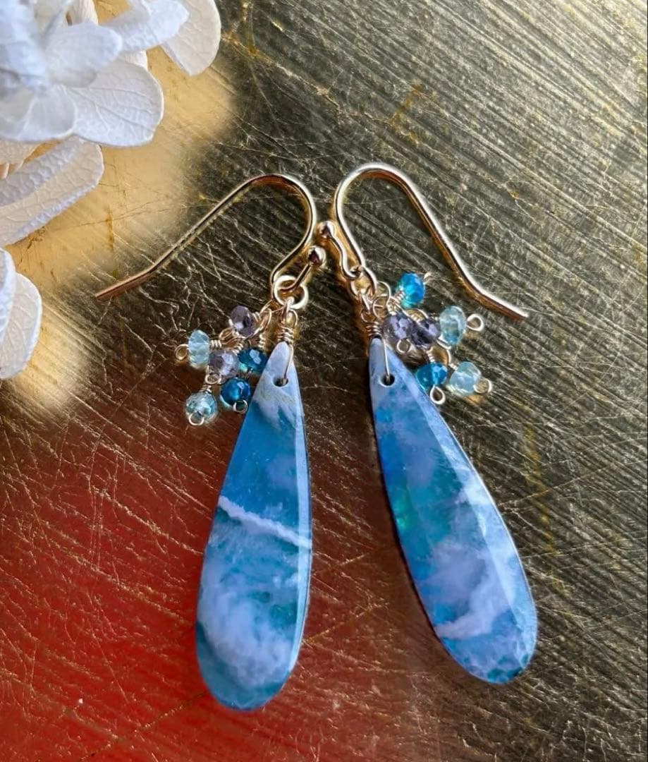 オーロラプルームアゲートskyダブレット＆Highネオンカラーアパタイトのピアス