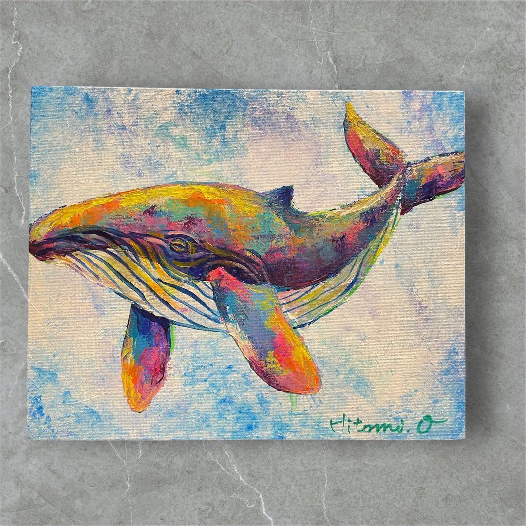 カラフルなクジラの絵画原画　現代アート　キャンバス　アート インテリア　動物