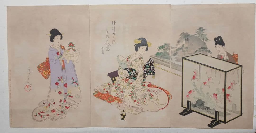 浮世絵版画、徳川時代貴婦人乃圖三枚綴り、橋本周延画、明治30年出版