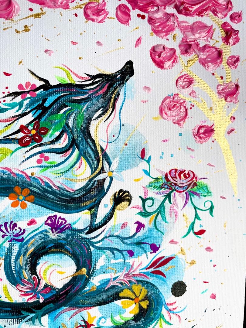 桜と花龍 テクスチャーアート 開運絵画 龍神 龍ノツカイ
