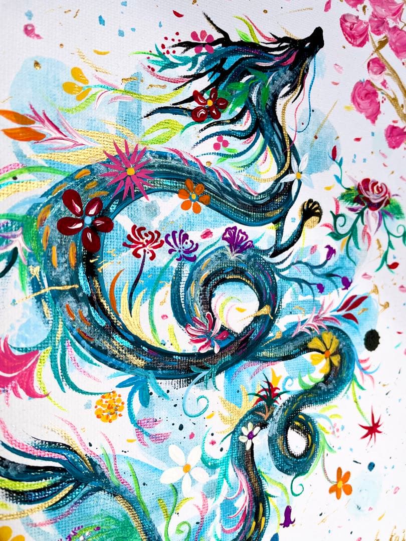 桜と花龍 テクスチャーアート 開運絵画 龍神 龍ノツカイ
