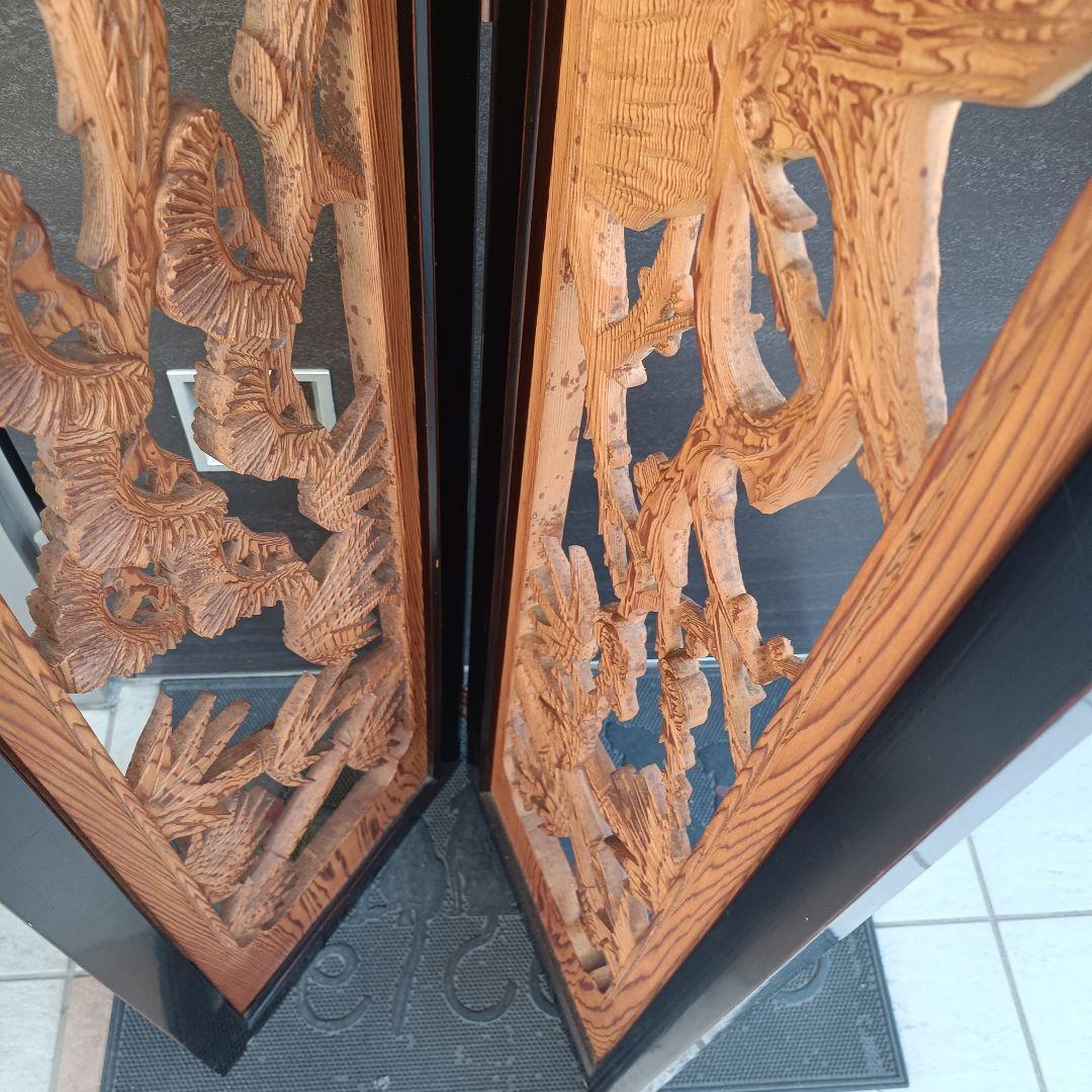 高級 彫刻 欄間 衝立 二曲屏風 松竹梅 天然木 透かし彫り 縁起物