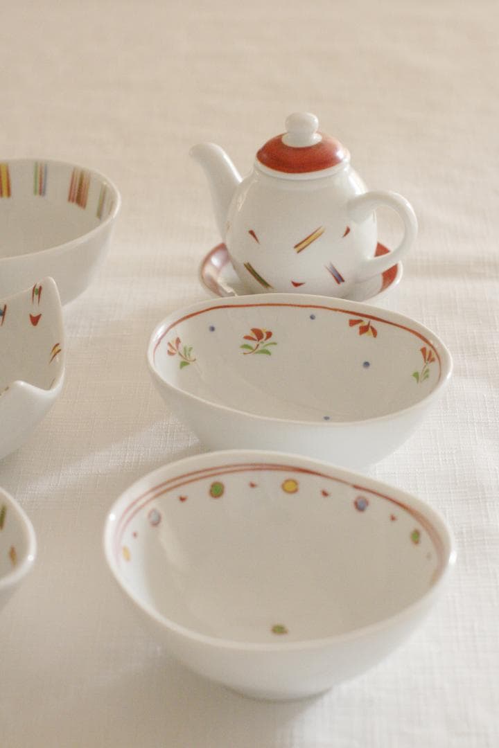 【新品未使用】和食　小鉢　小皿　醤油差し　木箱入り　前畑陶器　赤絵小町香物揃