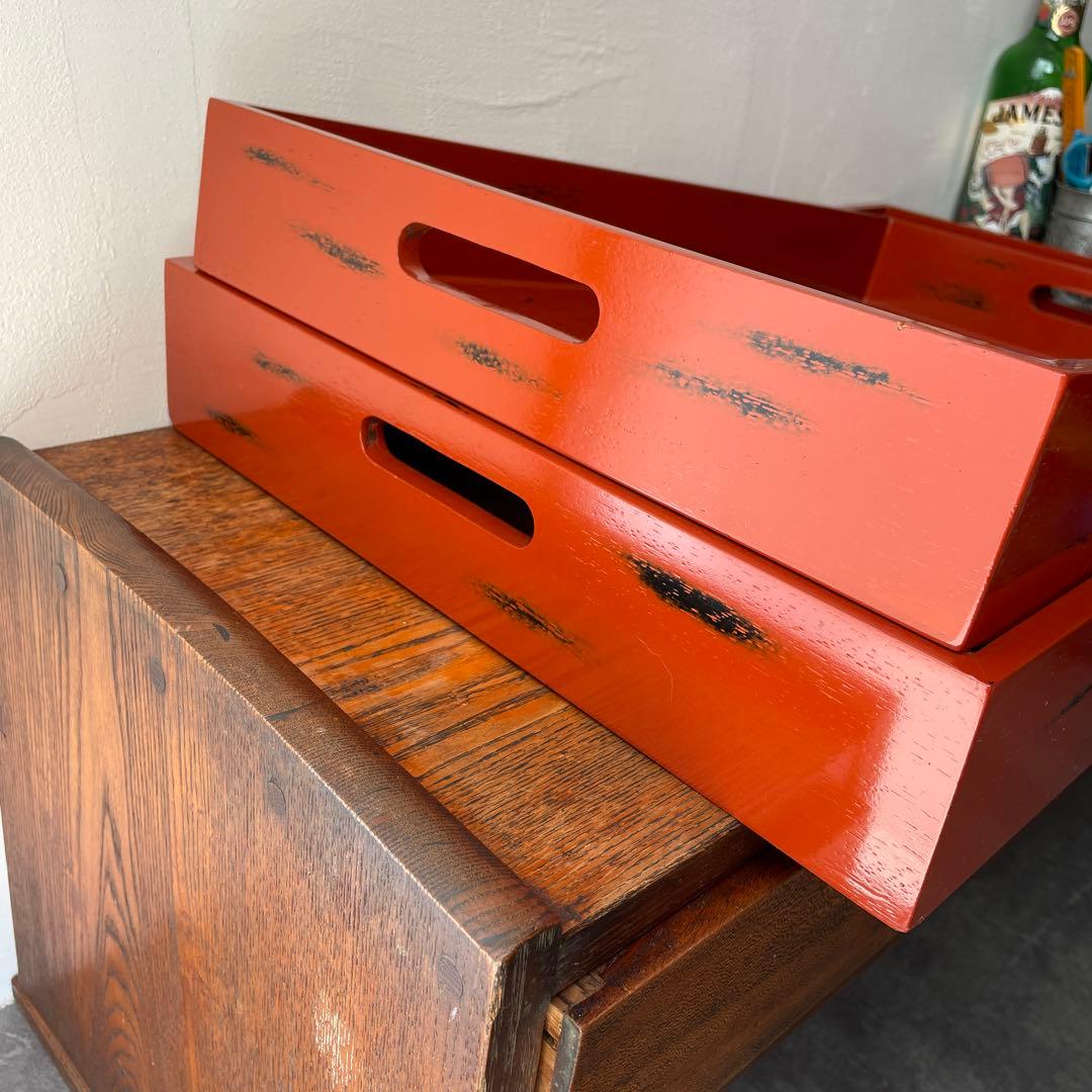 朱塗り　乱れ箱　衣装盆　大型　トレイ　旅館にありそうな木箱　角盆　特大